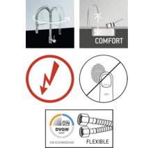 Produktmerkmale: drehbarer Wasserhahn, Komfortbereich, Blitzsymbol, Anti-Fingerabdruck-Symbol, Deutsches Vereinigung des Gas- und Wasserfaches Zertifikat, flexible Schläuche