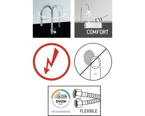 Produktmerkmale: drehbarer Wasserhahn, Komfortbereich, Blitzsymbol, Anti-Fingerabdruck-Symbol, Deutsches Vereinigung des Gas- und Wasserfaches Zertifikat, flexible Schläuche