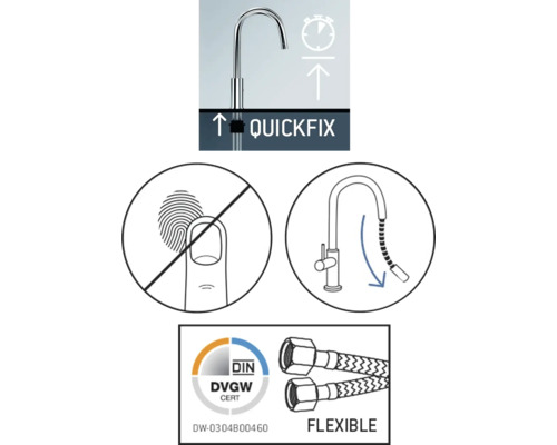 Produktmerkmale: Schnelle Montage, Antifingerabdruckbeschichtung, flexible Schläuche und DVGW-Zertifizierung