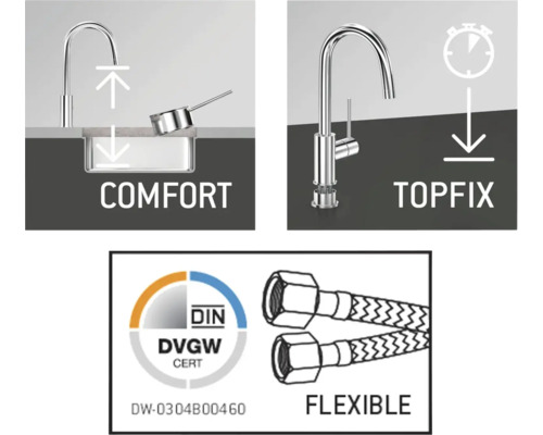Komfort- und Topfix-Symbol sowie DIN DVGW-Zertifizierung und flexible Schläuche