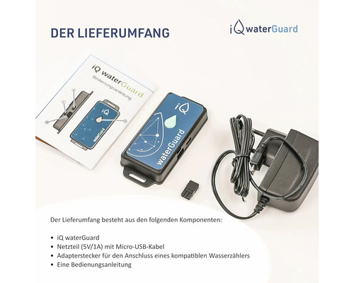 iQ waterGuard Lieferumfang mit Netzteil, Adapterstecker und Bedienungsanleitung