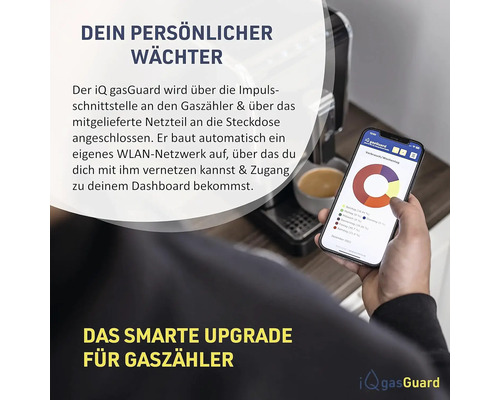 Person holds a smartphone displaying a pie chart for the iQ gasGuard gas meter upgrade.