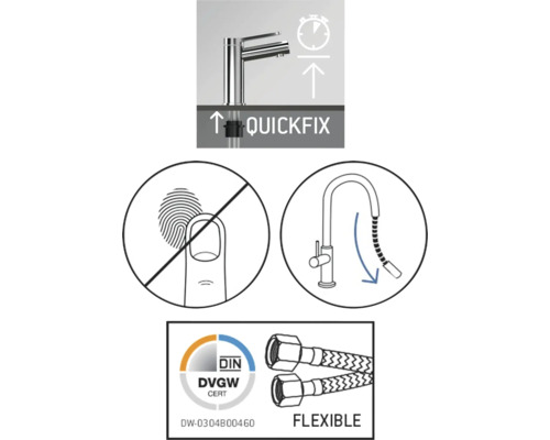 Schnellmontagesystem, Vermeidung von Fingerabdrücken, ausziehbare Brause, DVGW Zertifizierung und flexible Schläuche.