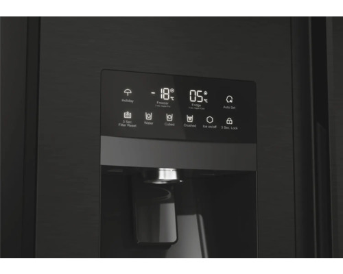 Nahaufnahme des Displays eines Kühlschranks mit Temperaturanzeige und verschiedenen Funktionen wie Urlaubsmodus und Eiswürfelbereiter.