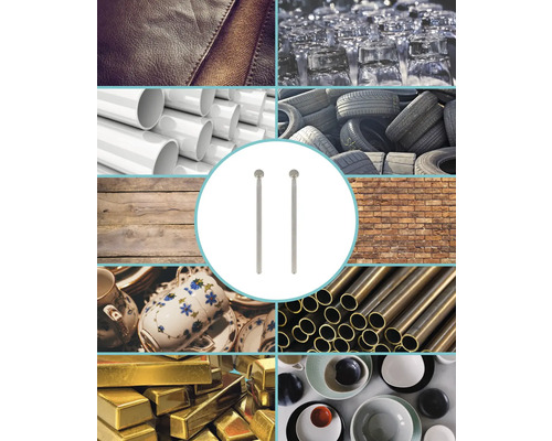 Collage verschiedener Materialien: Leder, Glas, Kunststoffrohre, Reifen, Holz, Ziegel, Porzellan, Metallrohre, Goldbarren und Geschirr