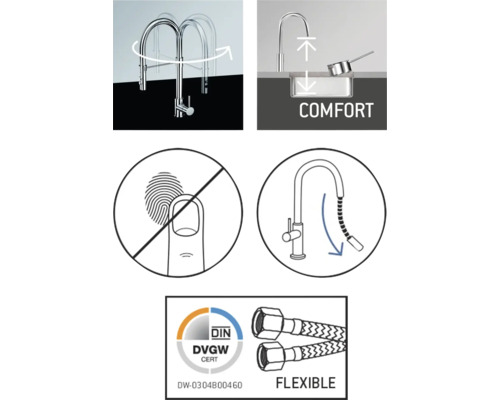 Merkmale einer Küchenarmatur: schwenkbar, Komfort, Antifingerabdruck, flexible Anschlussschläuche, Deutsches Zertifikat