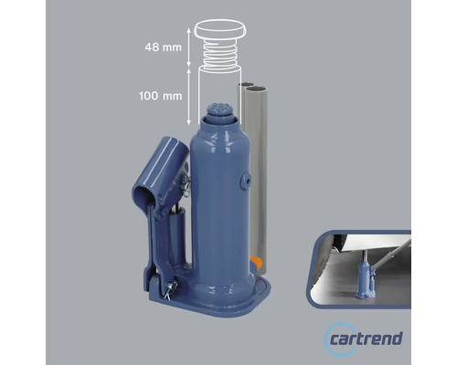Hydraulischer Wagenheber mit einer Hubhöhe von 100 Millimeter und einer Spindelhöhe von 48 Millimeter.