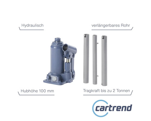 Hydraulischer Wagenheber mit einer Hubhöhe von 100 mm und einer Tragkraft bis zu 2 Tonnen, inklusive verlängerbarem Rohr. Cartrend Logo.