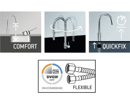 Komfort Waschbeckenarmatur mit Quickfix Funktion und flexiblen Anschlussschläuchen