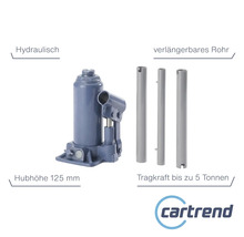 Hydraulischer Wagenheber mit einer Hubhöhe von 125 Millimetern, einem verlängerbarem Rohr und einer Tragkraft bis zu 5 Tonnen. Cartrend Logo.