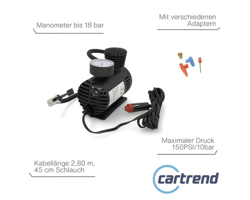 Schwarzer Kompressor mit Manometer und verschiedenen Adaptern