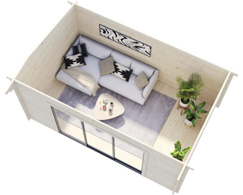 Innenansicht eines hellen Holzgartenhauses mit Sofa, Couchtisch, Pflanzen und Fensterfront