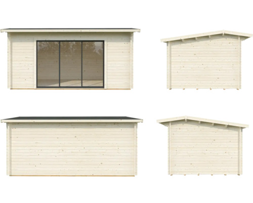 Mehransicht eines Gartenhauses aus Holz mit Fenster und Dach