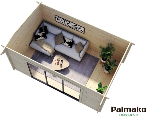 Innenansicht eines Holzgartenhauses mit Wohnzimmermöbeln und großen Fenstern