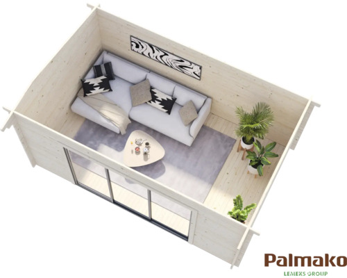 Innenansicht eines Holz Blockbohlenhauses mit Sofa, Tisch und Pflanzen