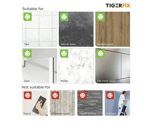 Geeignet und ungeeignet für Oberflächen, dargestellt durch Fliesen, Naturstein, Möbelplatte, Glas, Marmor, Flachmetallplatte, Putz, Rohholz, unebene Oberfläche und Tapete