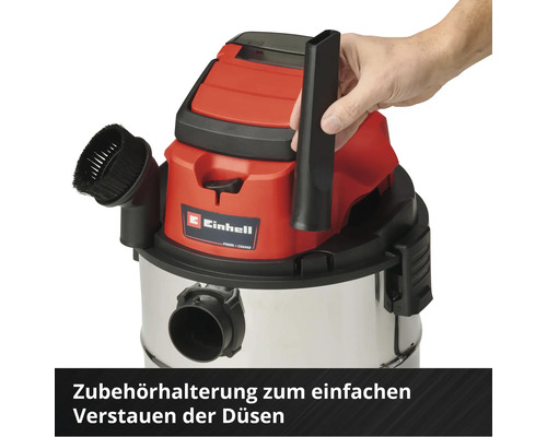 Einhell Logo auf einem rot silberfarbenen Nass Trockensauger mit Zubehör