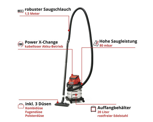 Einhell Akku-Nass-Trockensauger mit 1,5 Meter Saugschlauch, Power X-Change Akkubetrieb und 20 Liter Edelstahl Auffangbehälter