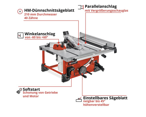 Tischkreissäge mit HM-Dünnschnittsägeblatt, Parallelanschlag mit Vergrößerungsschauglas und einstellbarem Sägeblatt