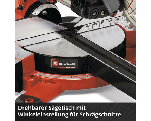 Drehbarer Sägetisch einer Einhell Kappsäge mit Winkeleinstellung für Gehrungsschnitte.