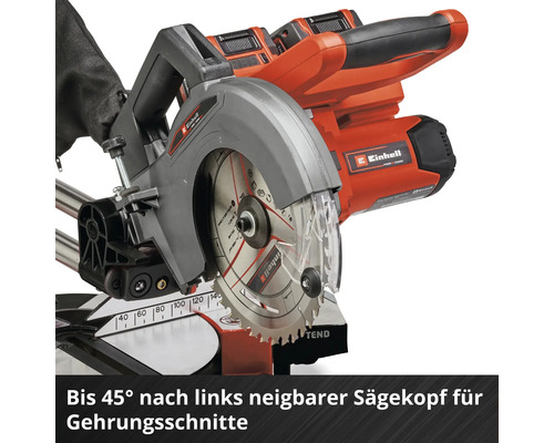 Einhell Logo. Kapp- und Gehrungssäge mit bis zu 45 Grad neigbarem Sägekopf für Gehrungsschnitte.