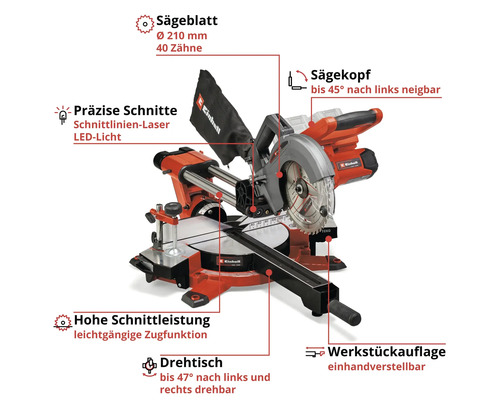 Einhell Kapp- und Gehrungssäge mit Sägeblatt, Schnittlinienlaser und Werkstückauflage