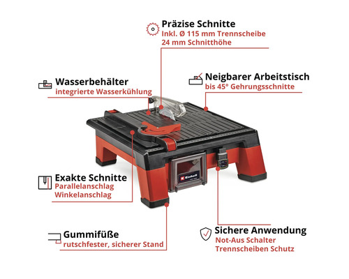 Einhell Fliesenschneidmaschine mit Funktionen wie präzisen Schnitten, neigbarem Arbeitstisch, Wasserbehälter, Parallelanschlag, Winkelanschlag, Not-Aus Schalter und Gummifüßen