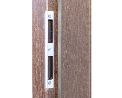 Detailansicht eines Türschlosses mit silberfarbener Blende an einer Holztür