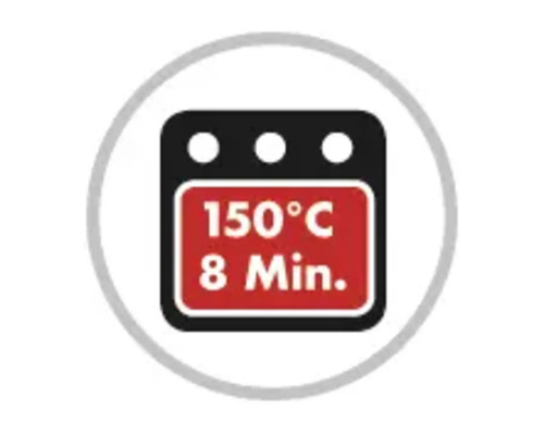 Symbol für Backofen bei 150 Grad Celsius für 8 Minuten