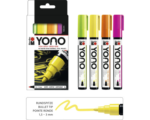 Marabu Yono Neon Acrylmarker Set mit vier Stiften und Rundspitze 1,5 bis 3 Millimeter
