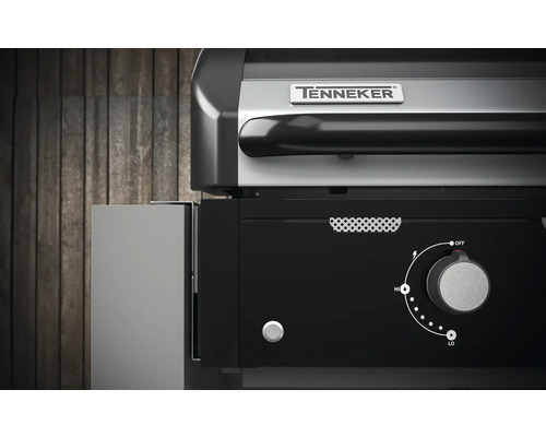 Detailansicht des Tenneker Gasgrills mit Bedienfeld und Temperaturregler