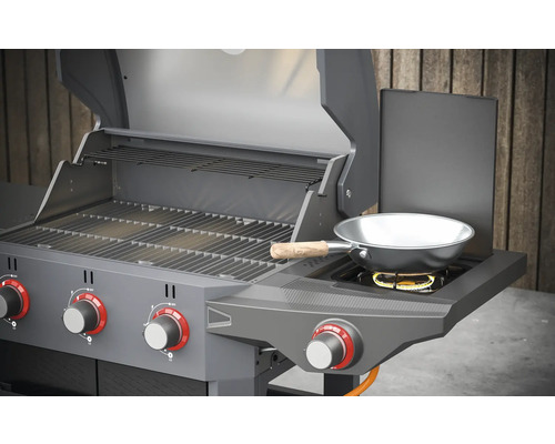 Gasgrill mit offener Haube, Grillrosten und Wokbrenner mit Wok