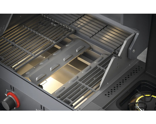 Innenansicht eines Gasgrills mit Grillrost und Brennerabdeckung