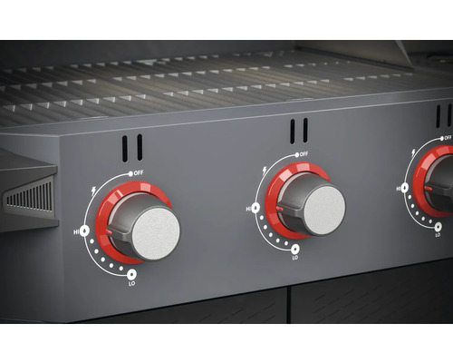 Nahaufnahme eines Gasgrills mit drei Drehknöpfen zur Temperaturregelung