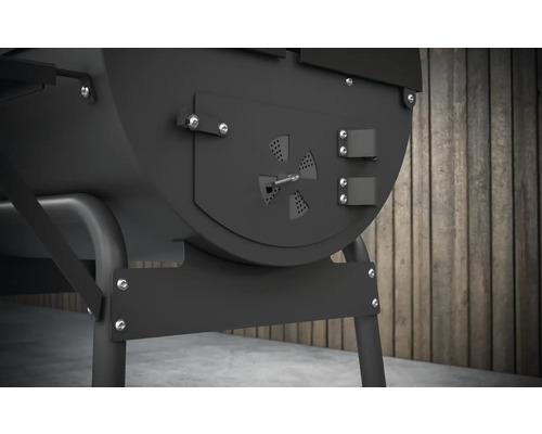 Detailansicht eines schwarzen Grillwagens mit einstellbarer Belüftung