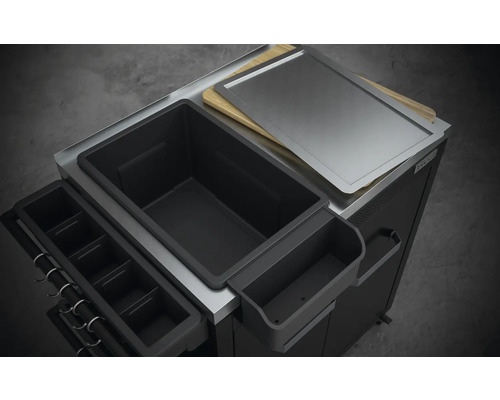 Grillwagen mit Schneidebrett, Edelstahlplatte, Aufbewahrungsbehälter und Hakenleiste