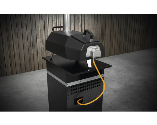 Schwarzer Pizzaofen mit Gasanschluss und Untergestell