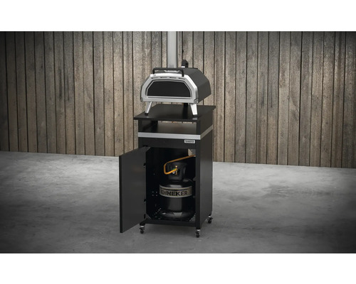 Gas Pizzaofen auf Wagen mit offener Tür und Gasflasche