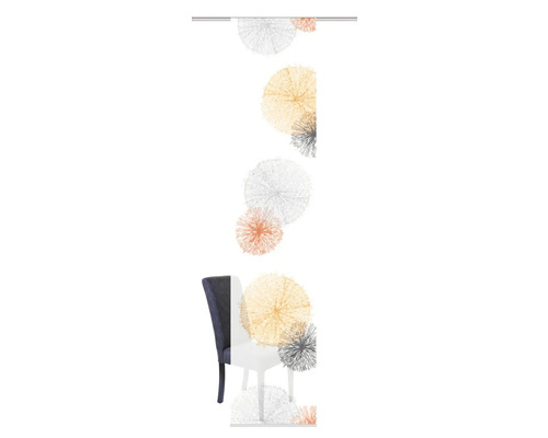 Dekorative Darstellung eines Stuhls vor einem abstrakten, floralen Muster.