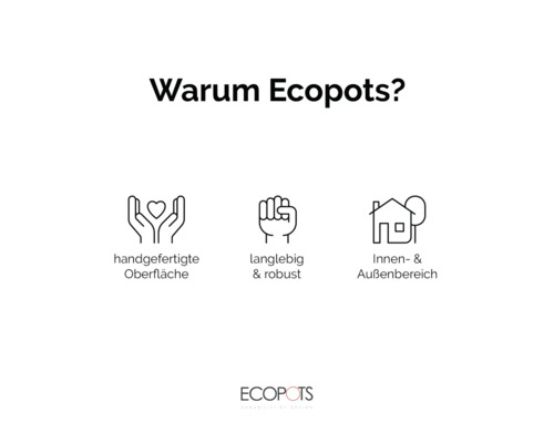 Ecopots Vorteile: handgefertigte Oberfläche, langlebig und robust, geeignet für Innen- und Außenbereiche