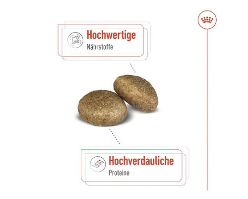 Zwei Kroketten mit dem Hinweis auf hochwertige Nährstoffe und hochverdauliche Proteine