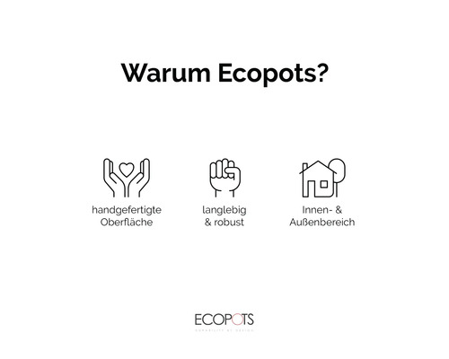 Warum Ecopots? Handgefertigte Oberfläche, langlebig und robust, Innen- und Außenbereich