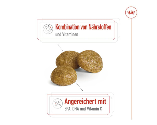 Drei Kroketten Hundefutter mit der Information: Kombination von Nährstoffen und Vitaminen, angereichert mit EPA, DHA und Vitamin C
