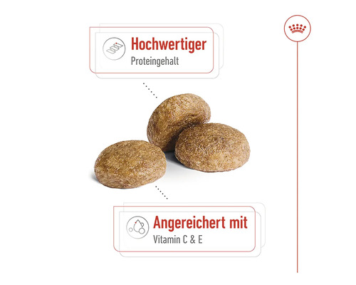 Drei Kroketten mit Hinweis auf hohen Proteingehalt und Anreicherung mit Vitamin C und E