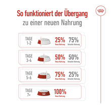 Illustration des Übergangs zu neuer Tiernahrung über einen Zeitraum von sieben Tagen