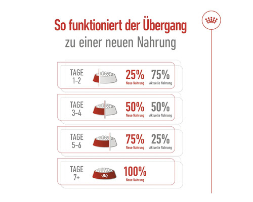 Illustration des Übergangs zu neuer Tiernahrung über einen Zeitraum von sieben Tagen