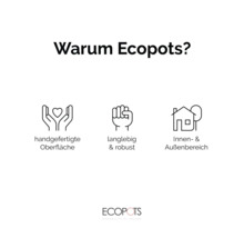 Darstellung der Vorteile von Ecopots: handgefertigte Oberfläche, langlebig, robust, geeignet für den Innen- und Außenbereich
