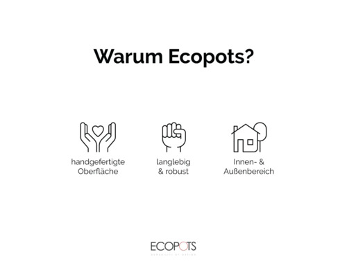 Warum Ecopots? Handgefertigte Oberfläche, langlebig und robust, Innen- und Außenbereich.