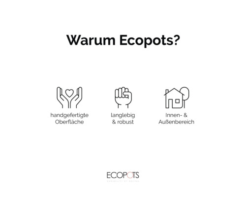 Warum Ecopots: handgefertigte Oberfläche, langlebig und robust, Innen- und Außenbereich