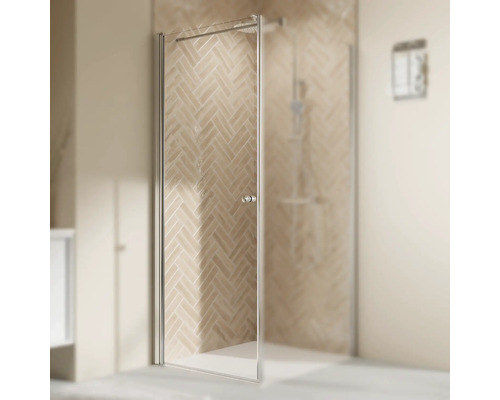 Duschtür für Seitenwand mit Drehtür BREUER Elana 2.0 Express Q72 90 x 200 cm Profil silber Klarglas schmutzabweisende Glasbeschichtung Türanschlag links Duschabtrennung mit Tür aus Glas in einem Badezimmer.